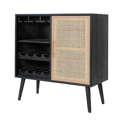 Wood Wine Cabinet, 2 Shelves, 11 Racks, Rattan Door - 31 H x 14 W x 29.5 L Inches