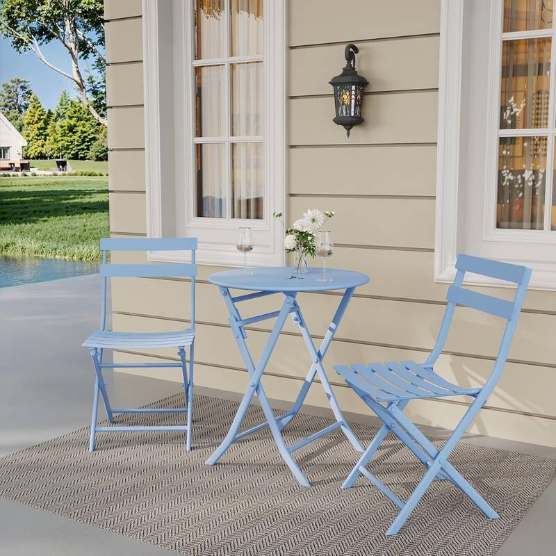 3 Pieces Patio Foldable Round Table and 2 Chairs - Blue