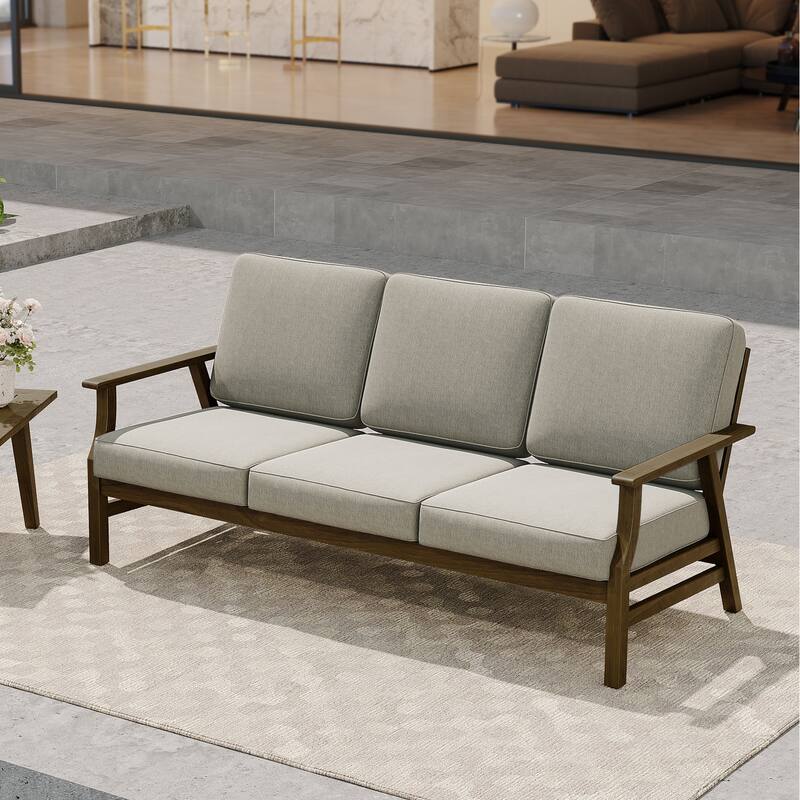 Modern Wood Cushioned 5-Piece Outdoor Patio Conversation Set - 3-Seat Sofa - Light Camel