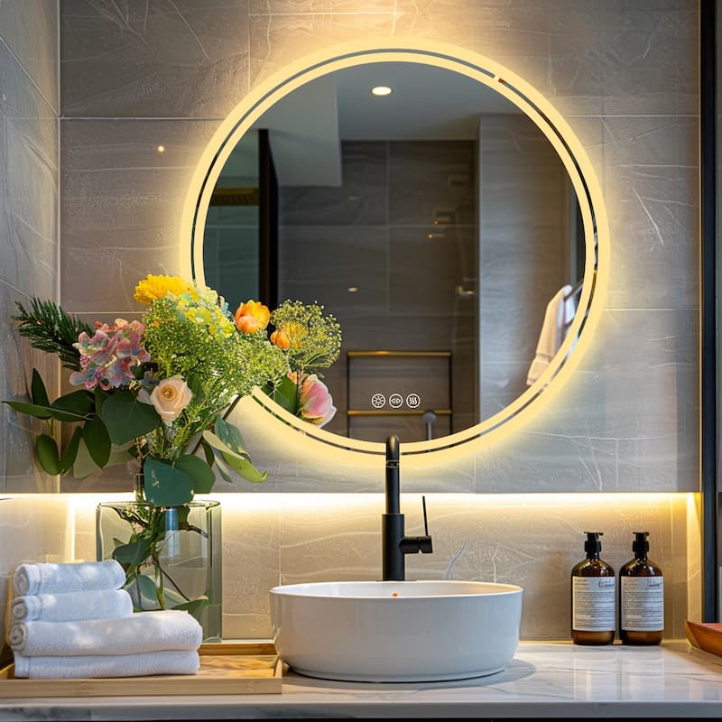 Backlit LED Bathroom Wall Mirror with Dimmable 3 Colors Anti-Fog - 32 in.W x 32 in.H - Round