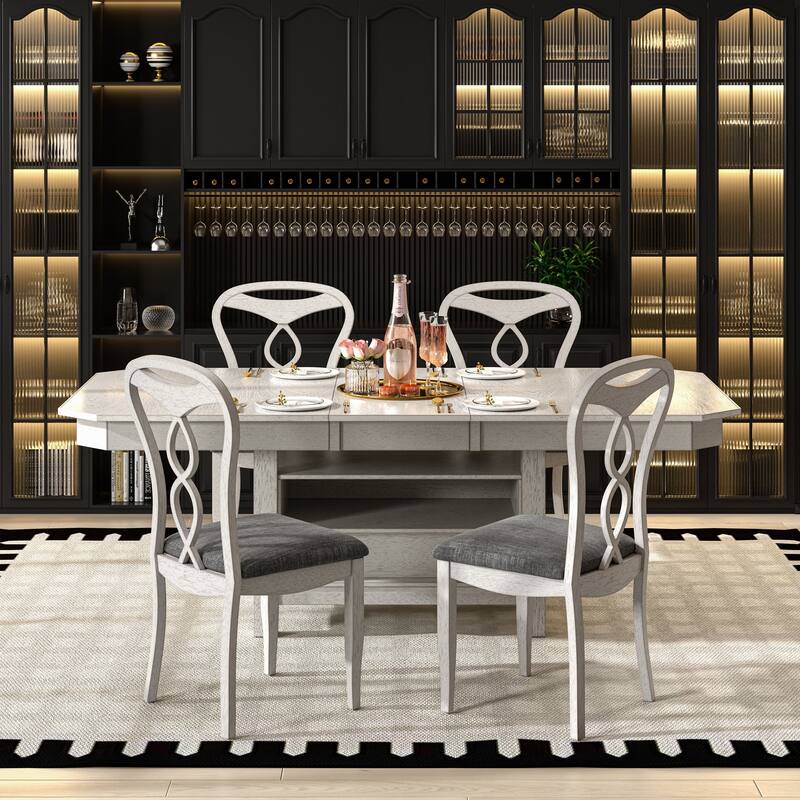VECELO 4 to 6 Rubber Wood Extendable Dining Set with Fish Cutout Chairs with Dual Storage Upholstered Seat