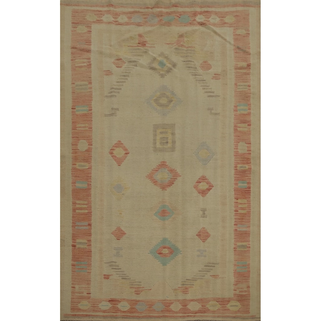 Hand Woven Oriental 100% Wool Carpet Southwestern Tribal Beige & Ivories Kilim Area Rug - 6' 7'' X 4' 9''