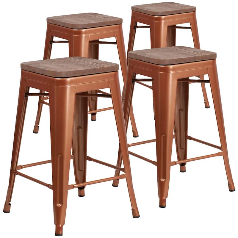 4 Pk. 24" High Backless Counter Height Stool with Square Wood Seat