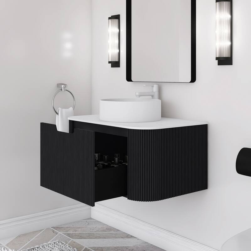 Plywood Wall-Mounted Bathroom Vanity Set with Integrated Ceramic Sink in Natural Wood