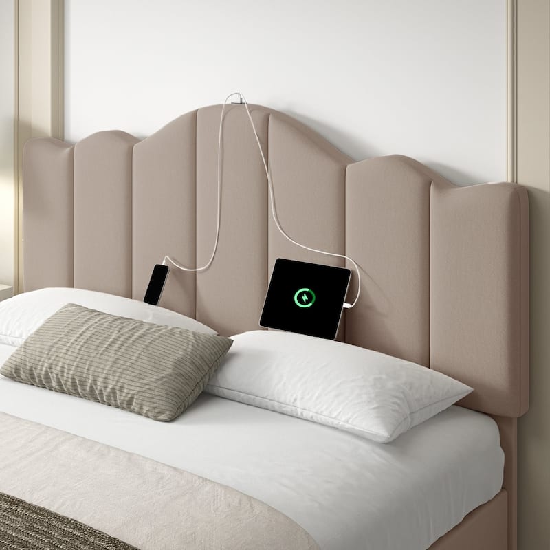 VECELO Platform Bed Frame with Type-C & USB Charging Stations Upholstered Adjustable Headboard Strong Wooden Slats Support