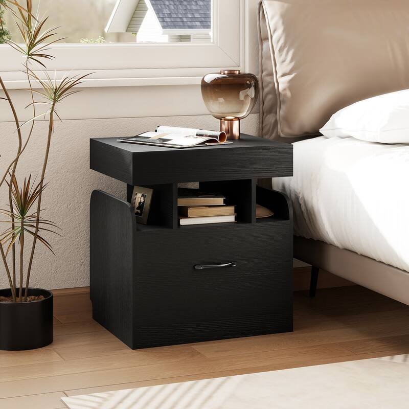 Gymax 2PCS Nightstand w/Charging Station Drawer Sliding Top Storage
