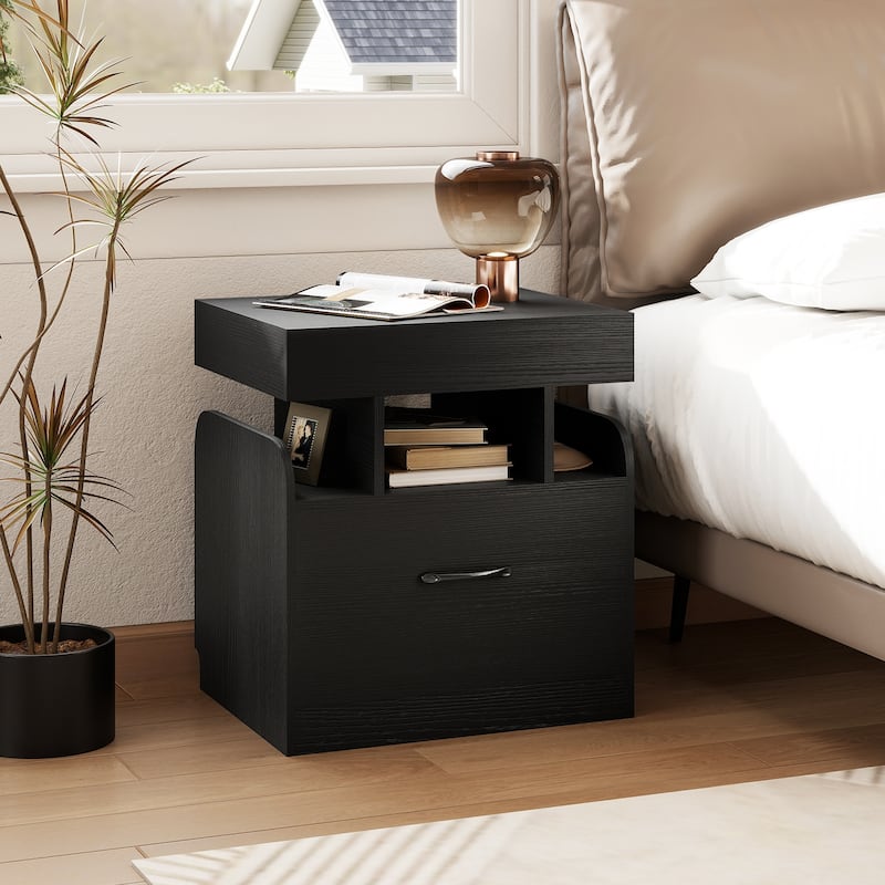 Gymax Nightstand w/ Charging Station Drawer & Sliding Top Storage Tray