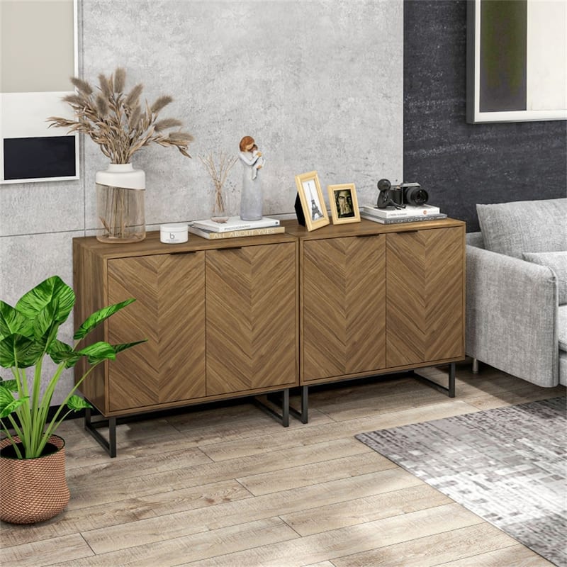 Walnut Vintage Style Storage Cabinet with Adjustable Shelf Two Door Wooden MDF Steel Base for Living Room
