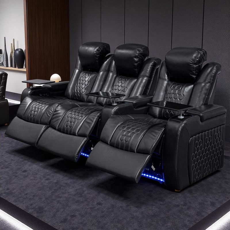 Roomfitters 93.3" Power Recliner 3-Piece Set, Top-Grain Nappa Leather, 15-Color RGB LED & USB-C Charging, Black - Black