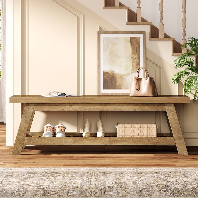 55" Entryway Bench with Shoe Storage, Large 2-Tier Foyer Bench