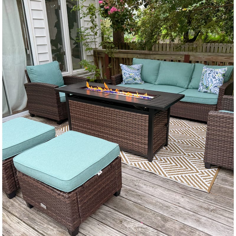 7/9-Seat Patio Furniture Wicker Rattan Outdoor High-back Sectional Sofa Conversation Set with Firepit Table
