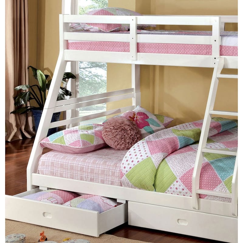 Twin Over Full Bunk Bed with Storage Drawers & Attached Ladder, White Finish