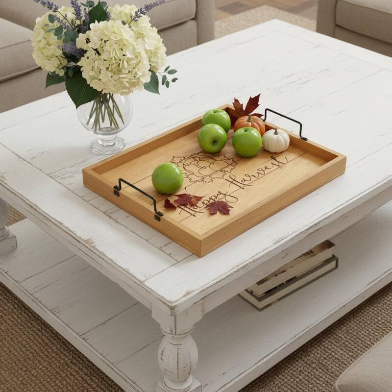HomeRoots 16" Natural And Burgundy Happy Harvest Serving Tray With Handles - 15.50 in. x 2.25 in. x 12.00 in. - Burgundy/Natural - 15.50 in. x 2.25 in. x 12.00 in.