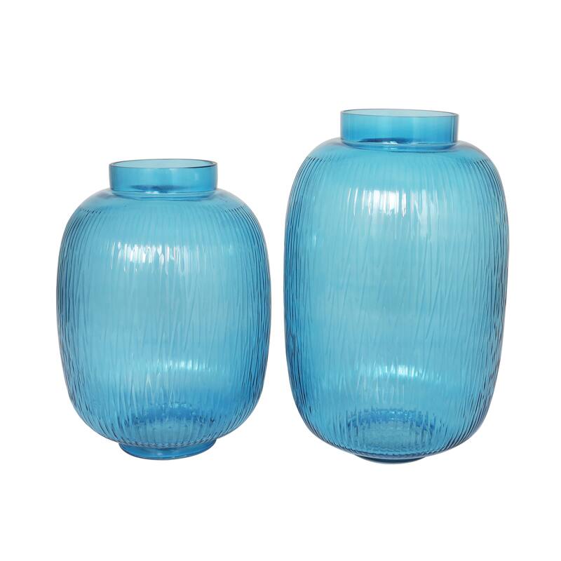 Blue Glass Ribbed Decorative Vase (Set of 2)