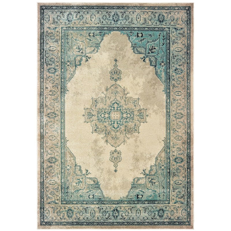 Style Haven Edith Faded Center Medallion Ivory/ Blue Area Rug - 9' 10" x 12' 10" - Rectangle