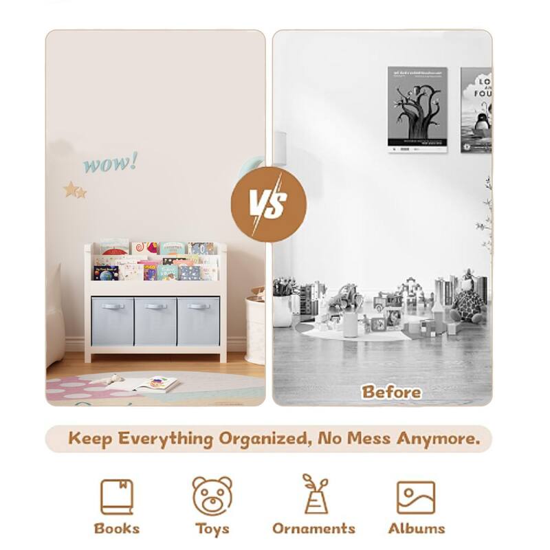 Anmytek White Kids Bookshelf with 3 Light Blue Fabric Bins - Wooden Book and Toy Storage Organizer with Tiered Display