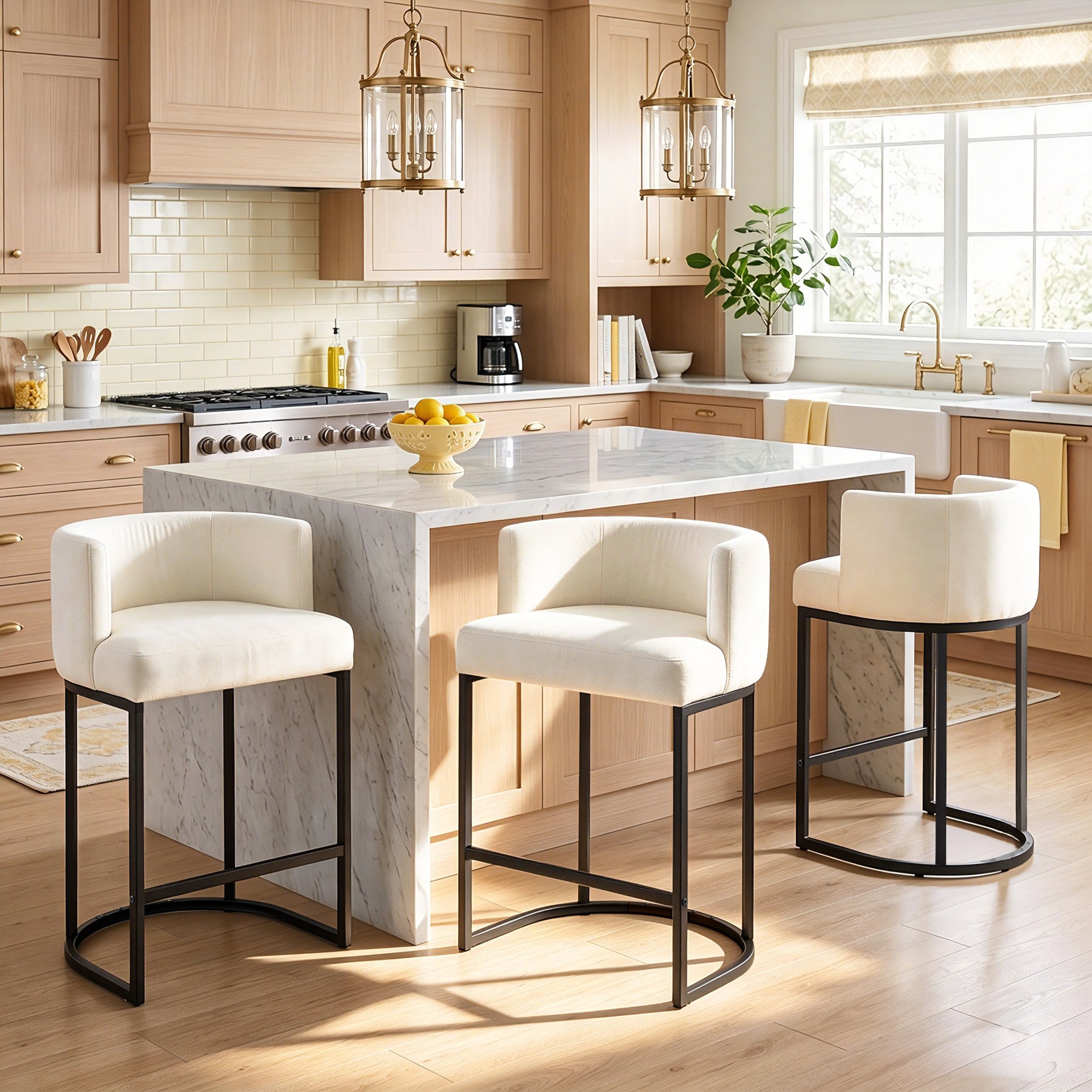Chenille Upholstered Counter Height Bar Stool Set of 3, Bar Stools with Back and Armrests - 26" H