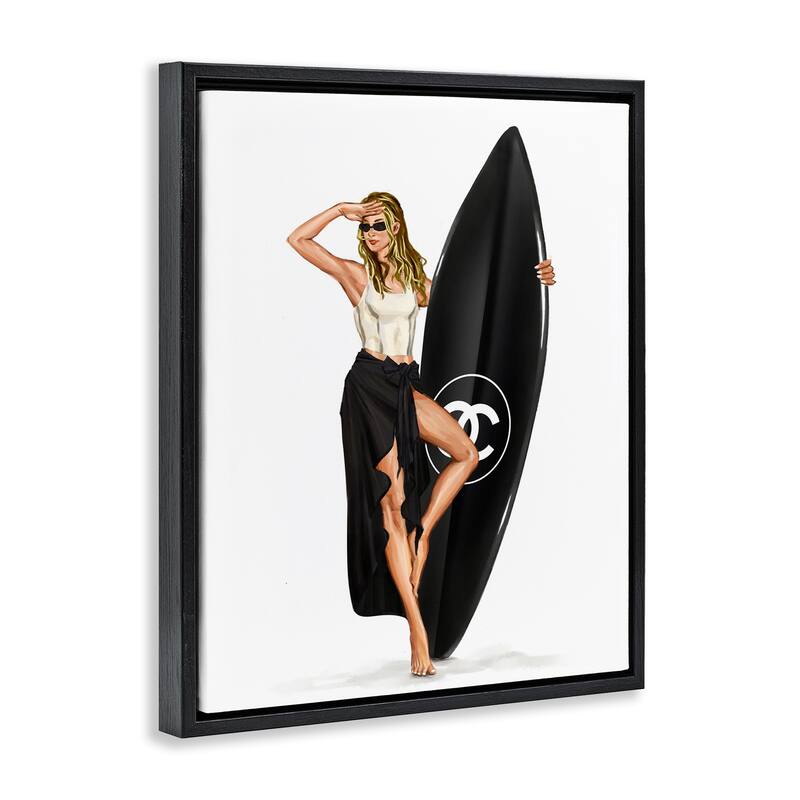 Stupell Trendy Surfer Girl in Black Framed Floater Canvas Wall Art Design By Ziwei Li