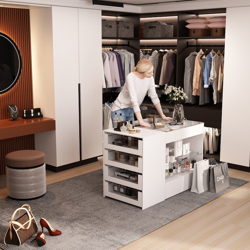 Glass-Top Closet Organizer White Dressing Island Ample Storage Dresser