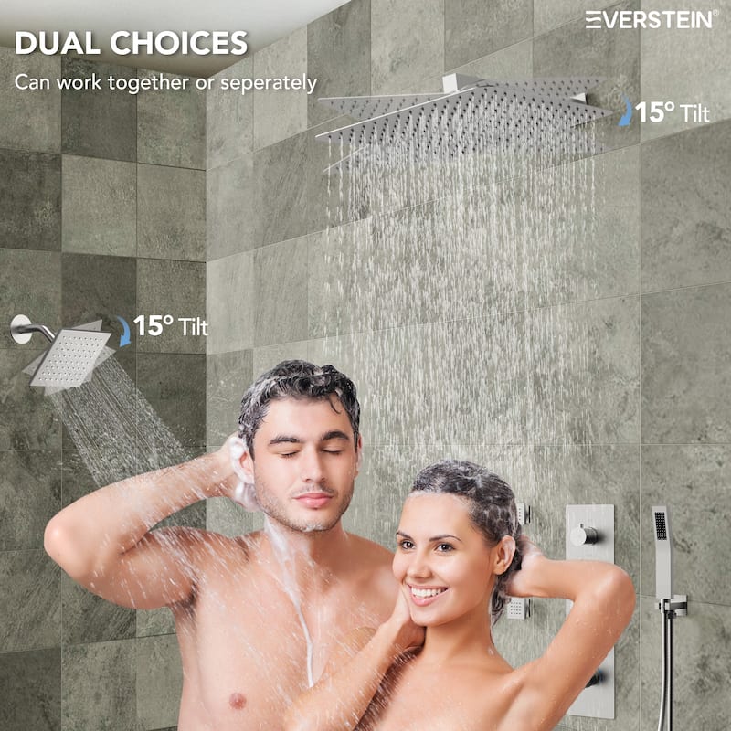 Dual Heads 16" Rainfall & High Pressure 6" Thermostatic Shower System with Body Jets