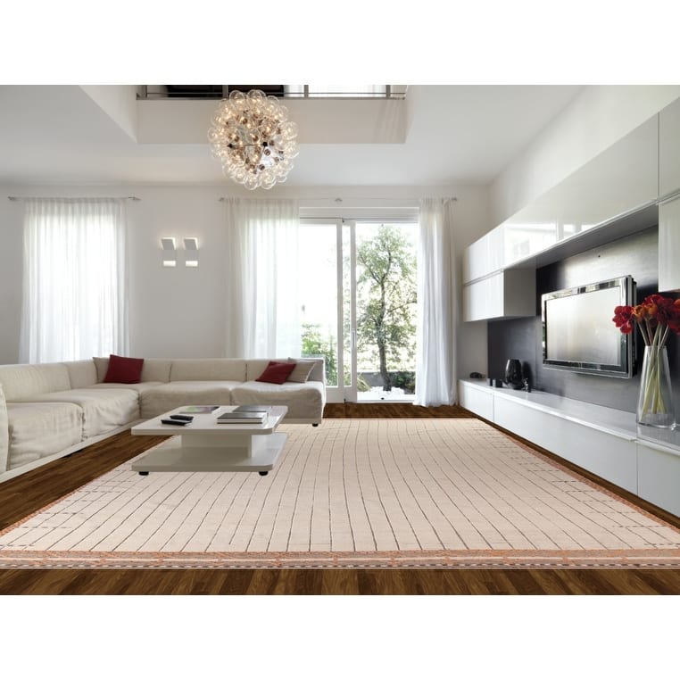 Striped Ivory Moroccan Palace Size Large Rug Hand-Knotted Wool Carpet - 14'2"x 21'6"