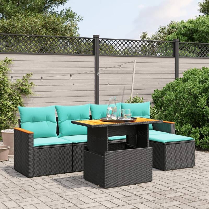 vidaXL Patio Sofa Set with Cushions Outdoor Furniture 6 Piece Poly Rattan - Black - 21.7 x 24.4 x 27.2