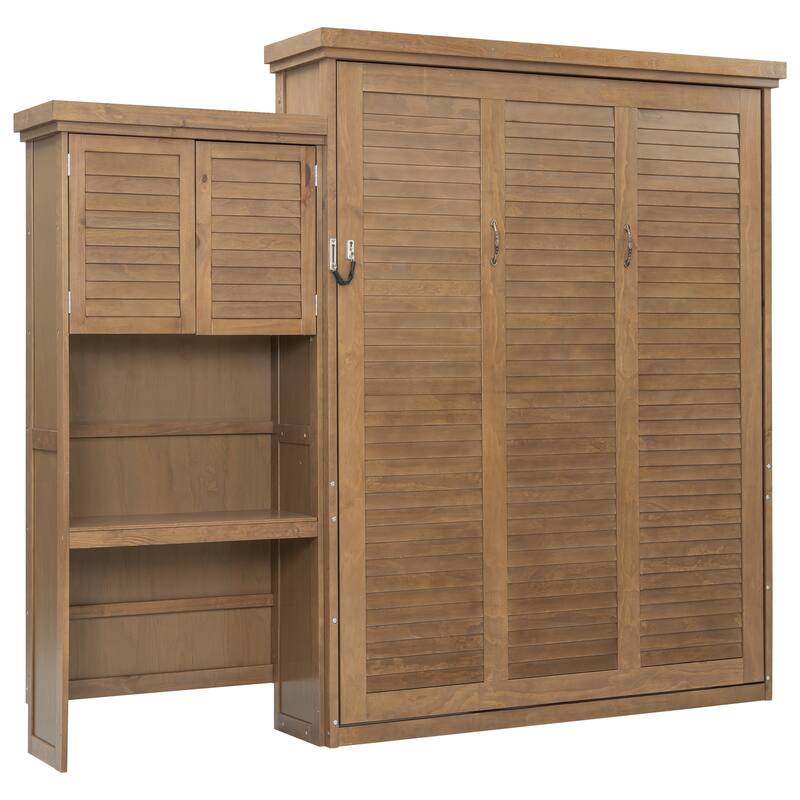 Queen Size Murphy Bed Wall Bed with Louvered Panel and Side Storage Shelves Space Saving Murphy Bed Pull Down Bed with Cabinets