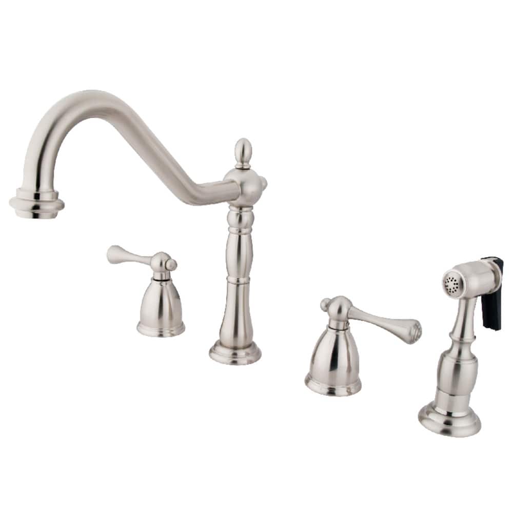 Heritage Deck Mount Widespread Kitchen Faucet with Brass Sprayer
