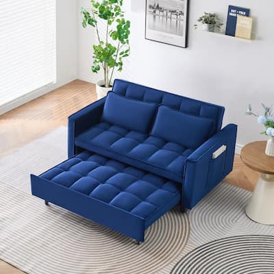 55-inch Blue Velvet Convertible Sofa Bed with Pockets