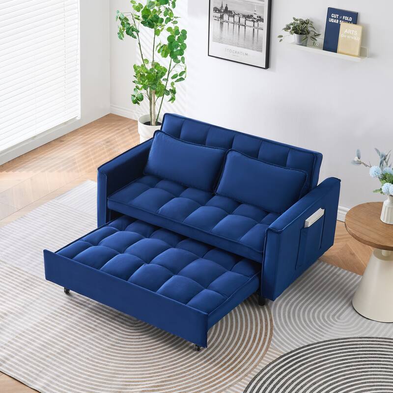 Velvet 3 in 1 Pull Out Loveseat Sofa Convertible Sleeper Love Seat Bed Tufted Futon Sofa with 2 Pillows and Pockets - Blue