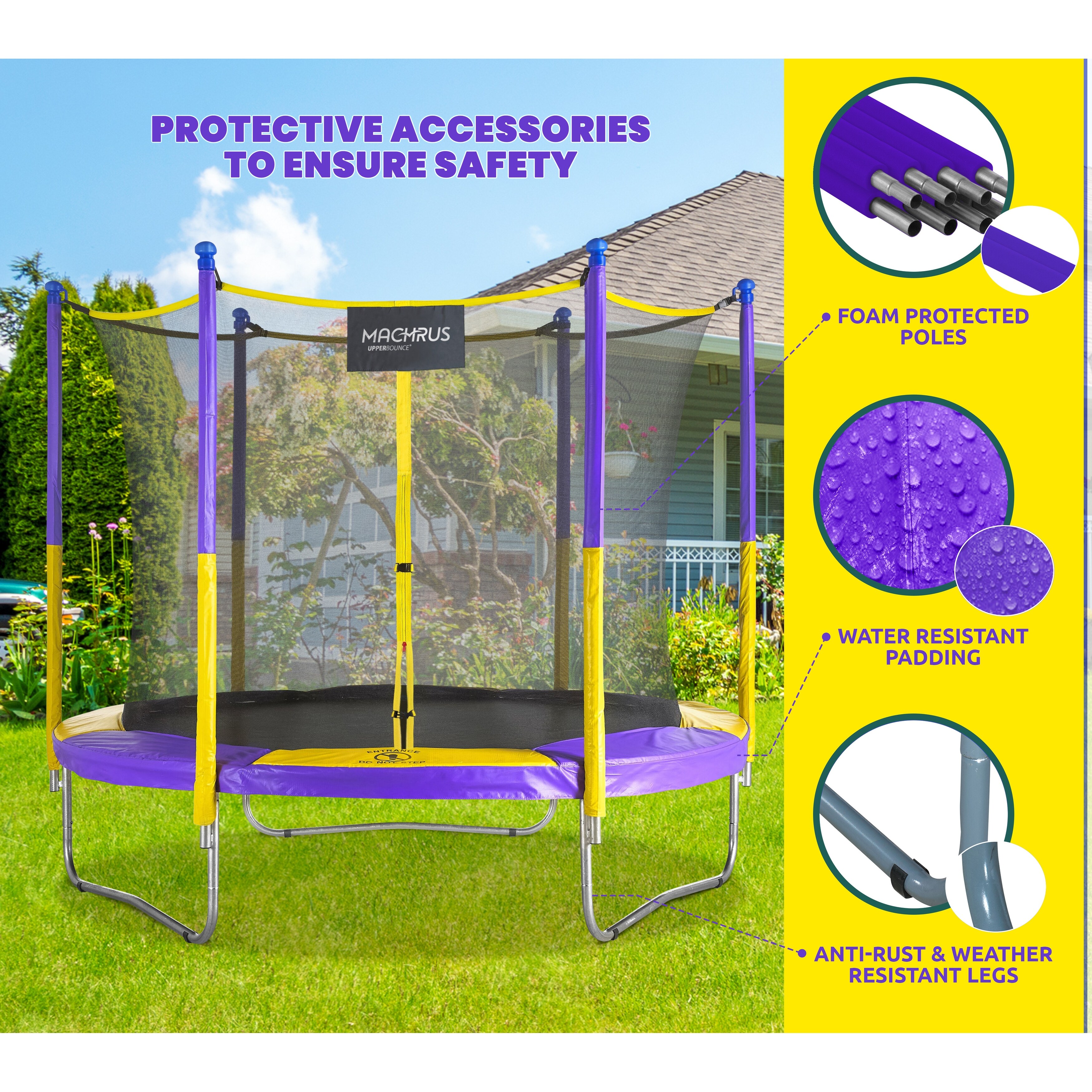 Machrus Upper Bounce Trampoline Super Spring Cover - Safety Pad, Fits 9 FT  Round Trampoline Frame - Purple/Yellow