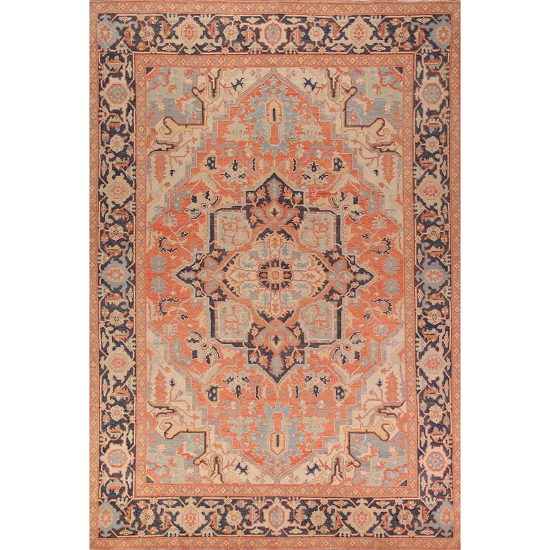 Vegetable Dye Heriz Oriental Area Rug Hand-Knotted Floral Wool Carpet - 8'9" x 12'5"