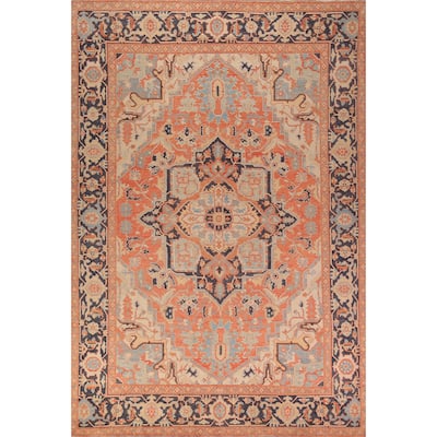 Vegetable Dye Heriz Oriental Area Rug Hand-Knotted Floral Wool Carpet - 8'9" x 12'5"