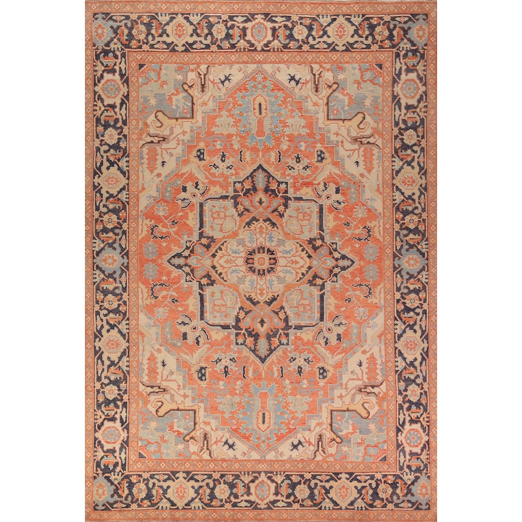 Vegetable Dye Heriz Oriental Area Rug Hand-Knotted Floral Wool Carpet - 8'9" x 12'5"