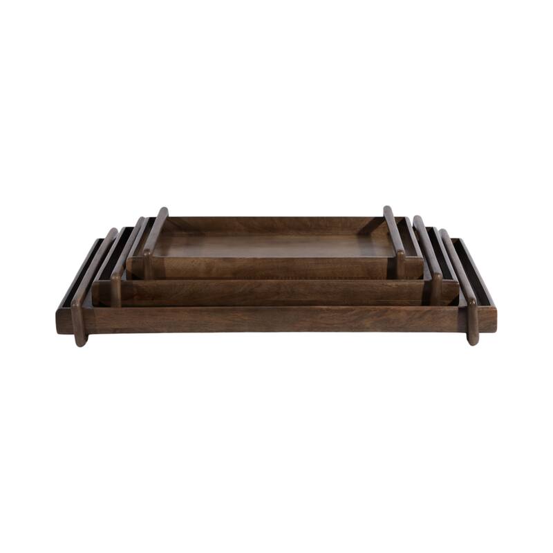 Wooden Decorative Tray with Side Handles - Set of 3 - Brown, 18"-22" - 26.0"