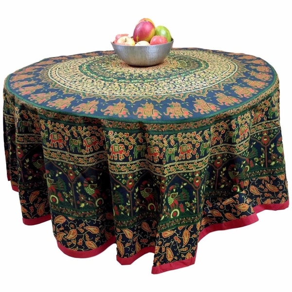 Cotton Elephant Mandala Floral Print Tablecloth Round 81 inches Blue Turquoise Red Green Orange - 81 inches