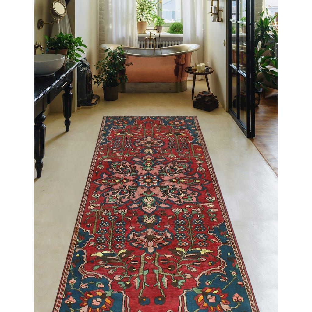 Fine Vintage Distressed Oakley Red/Navy Runner - 3'10" x 8'9"