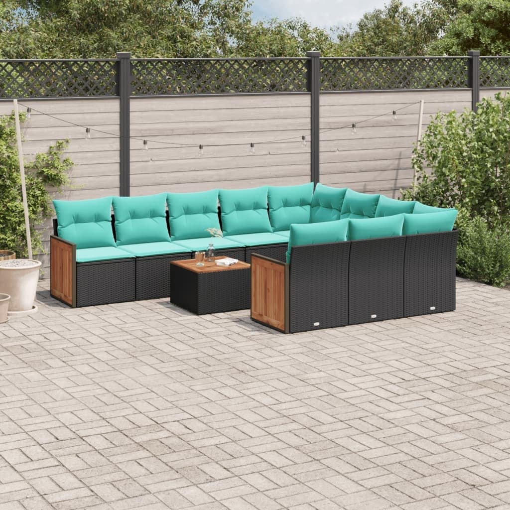 vidaXL 10 Piece Patio Sofa Set with Cushions Black Poly Rattan