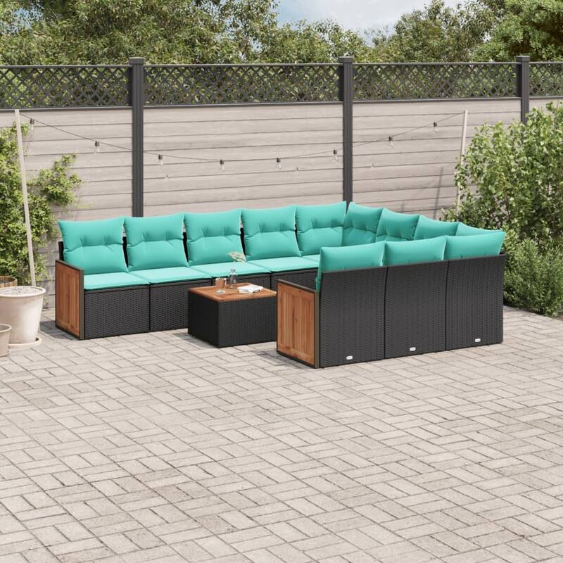 vidaXL 10 Piece Patio Sofa Set with Cushions Black Poly Rattan - 21.7x27.2x24.4-With table