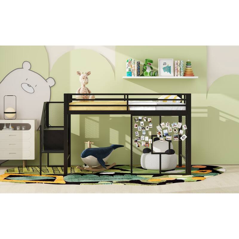 Twin Size Metal Low Loft Bed Frame with Storage Staircase and Iron Mesh