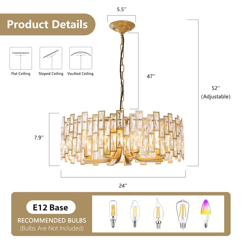 Starsky 8-Light 24in. Modern Crystal Drum Ceiling Lights Round Chandelier