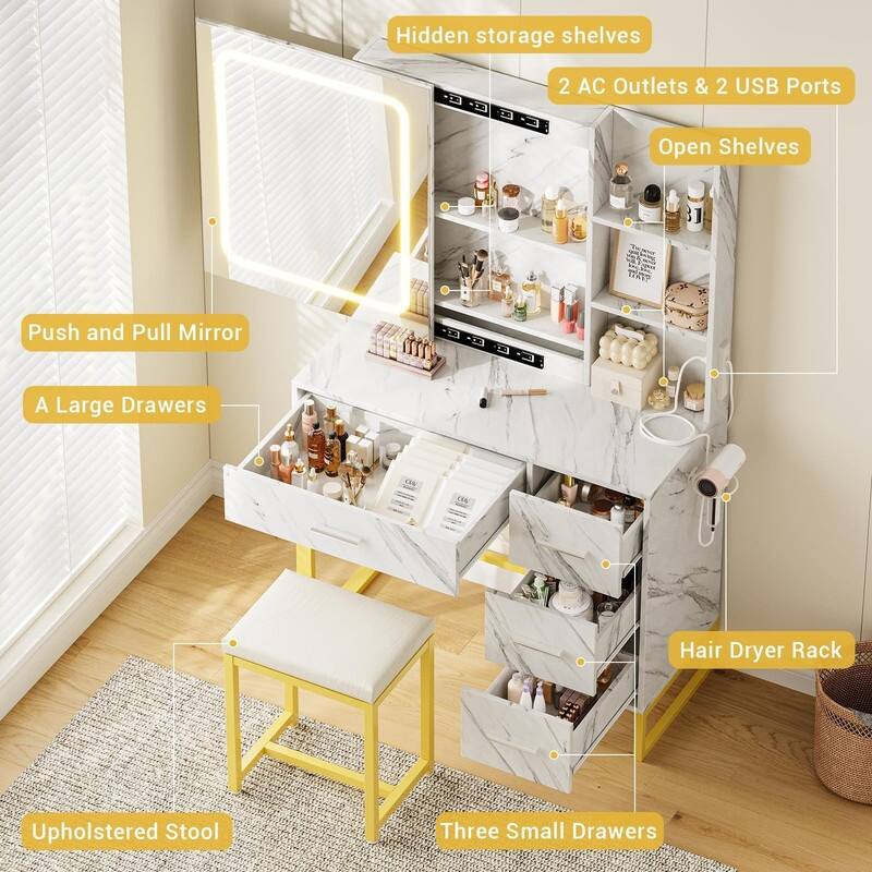 Makeup Vanity with Sliding LED Mirror, Charging Station, Drawers, Shelves & Stool