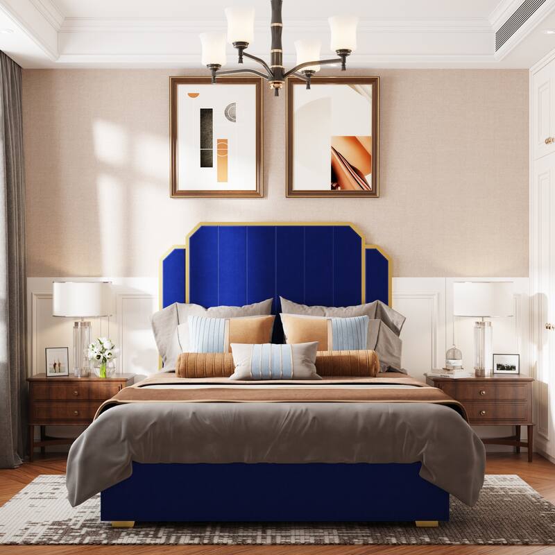 Gold+Blue Queen Upholstered Platform Bed with Golden Plating Trim