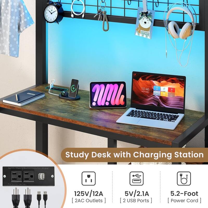 Bunk Bed Twin Over Twin Size with Desk Charging Station L-Shaped Metal
