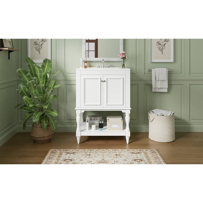 24 inch Modern Luxury Bathroom Vanity with Ceramic Sink, Bathroom Cabinet with Open Shelf and Closed Storage