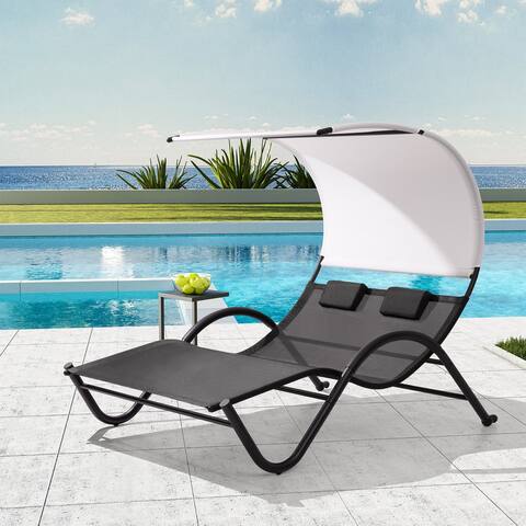 VredHom Outdoor Double Chaise Lounge with Sun Shade Canopy, Wheels & Headrest - 54.93 W x 72.84 L x 64.57 H inch