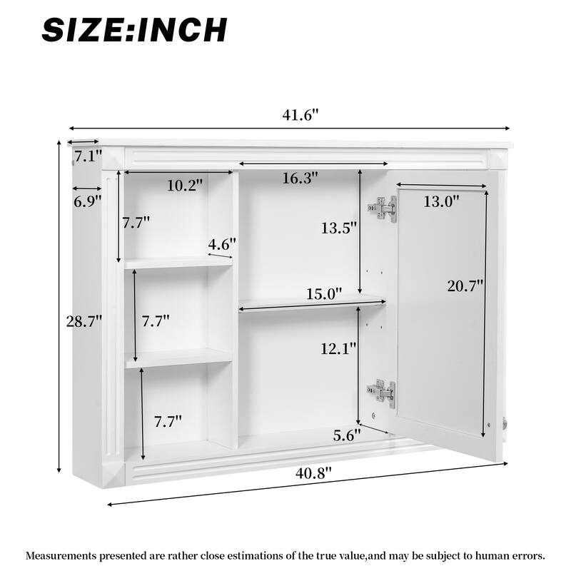 42"Wall Mounted Bathroom Storage Cabinet, Modern Wall Cabinet with Mirror, Mirror Cabinet with 6 Open Shelves