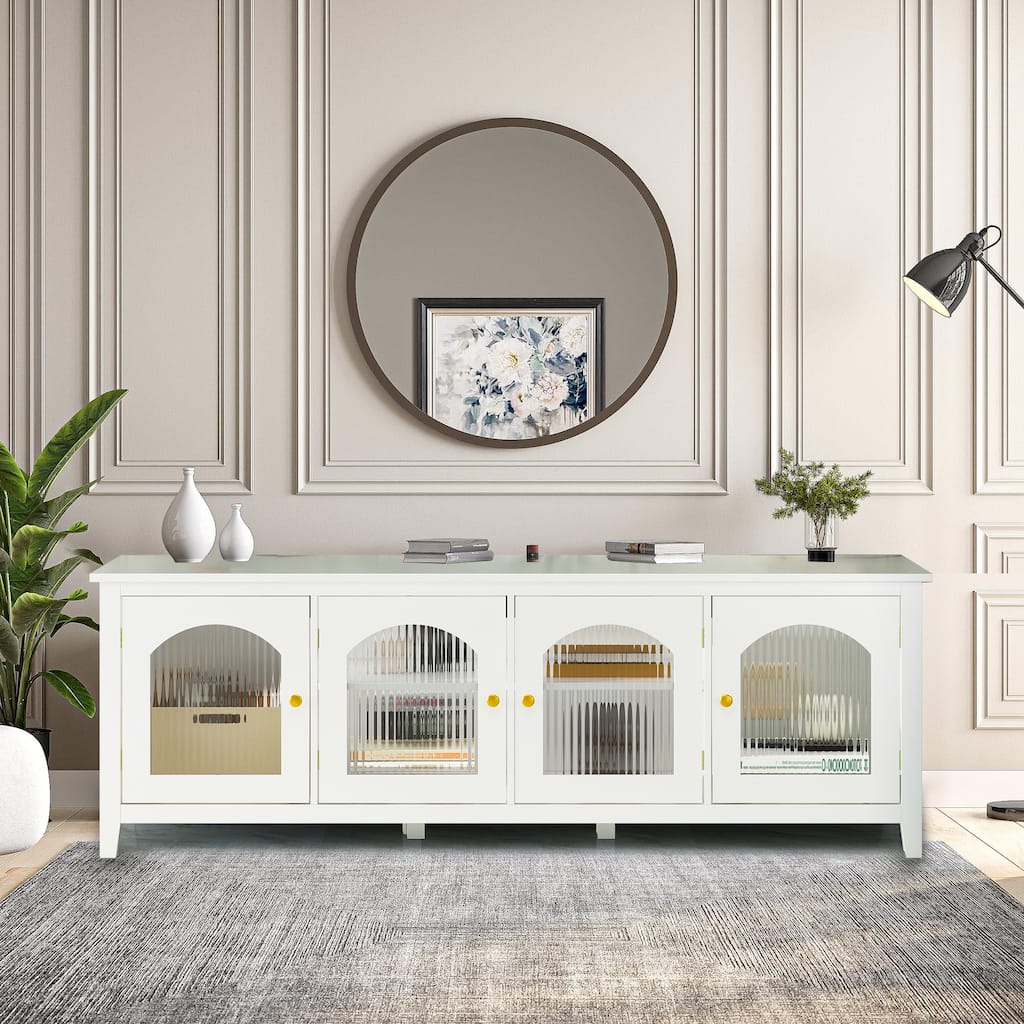 TV Stand Cabinet with 4 Glass Doors, Wood Entertainment Center - 70.87L x 17.72W x 24.02Hinches