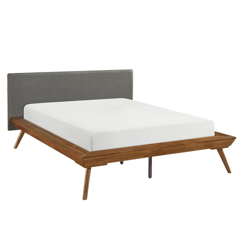 Full Size Platform Bed with Upholstered Headboard, Foam Cushion, Chestnut Wood Frame, No Box Spring Needed