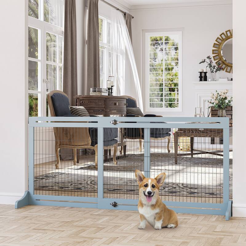Extra Wide Freestanding Pet Gate Dog Crate Dog Cage with Adjustable Length Dog House Dog Room for Living Room - Gray